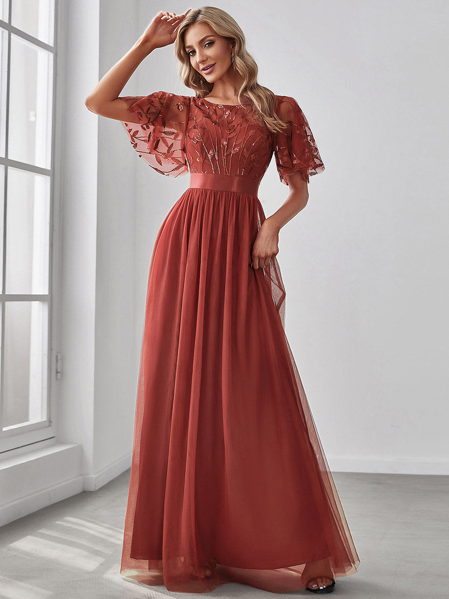 Robes de soirée brodées à manches courtes A-Line pour femmes #Couleur_Burnt Orange
