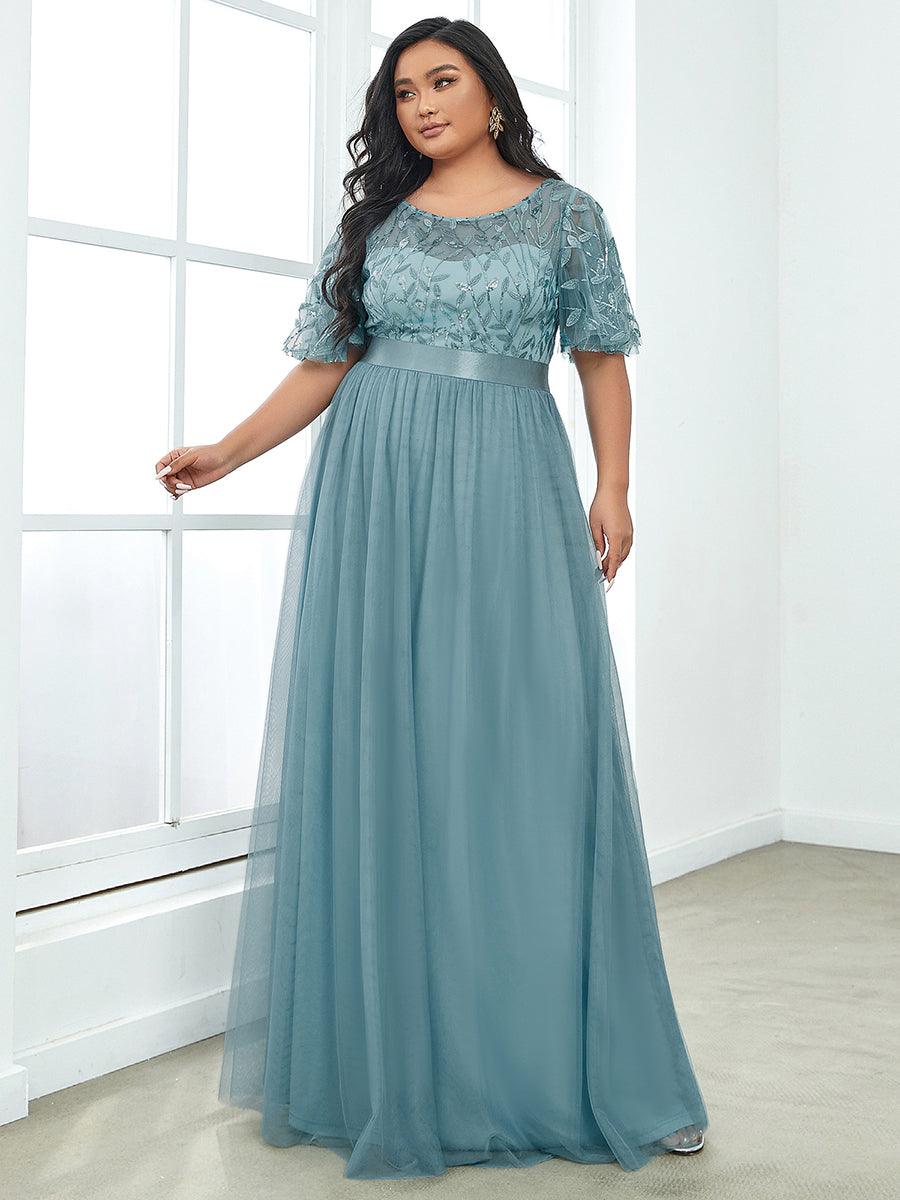 Robe de soirée brodée à manches courtes pour femmes de Grande taille #Couleur_Bleu Fume