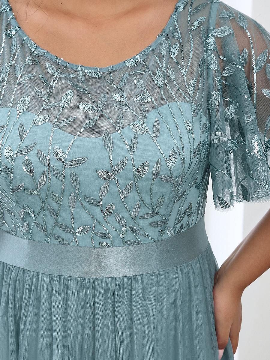 Robe de soirée brodée à manches courtes pour femmes de Grande taille #Couleur_Bleu Fume