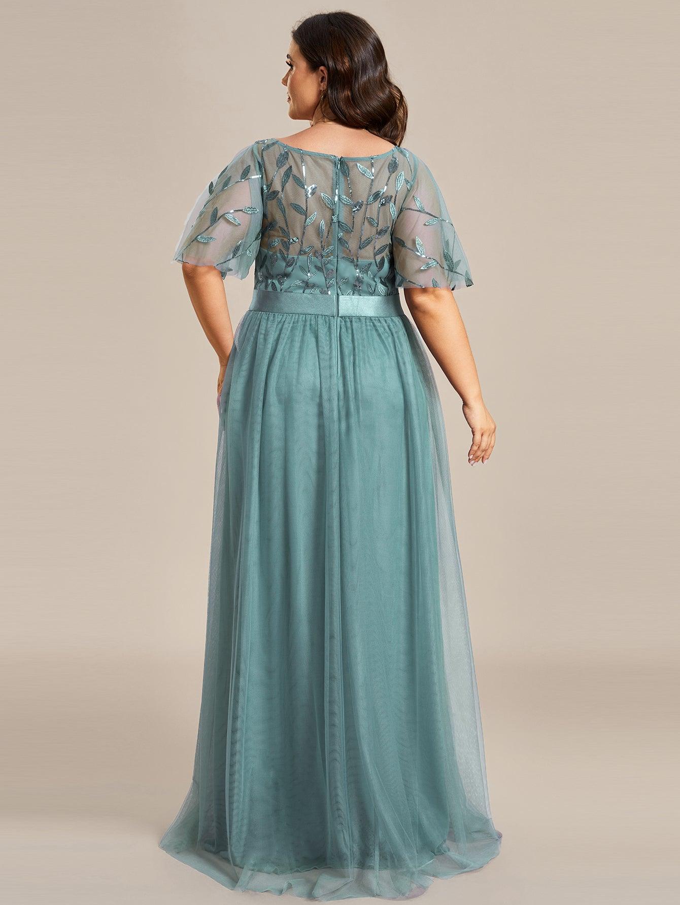 Robe de soirée brodée à manches courtes pour femmes de Grande taille #Couleur_Bleu Fume