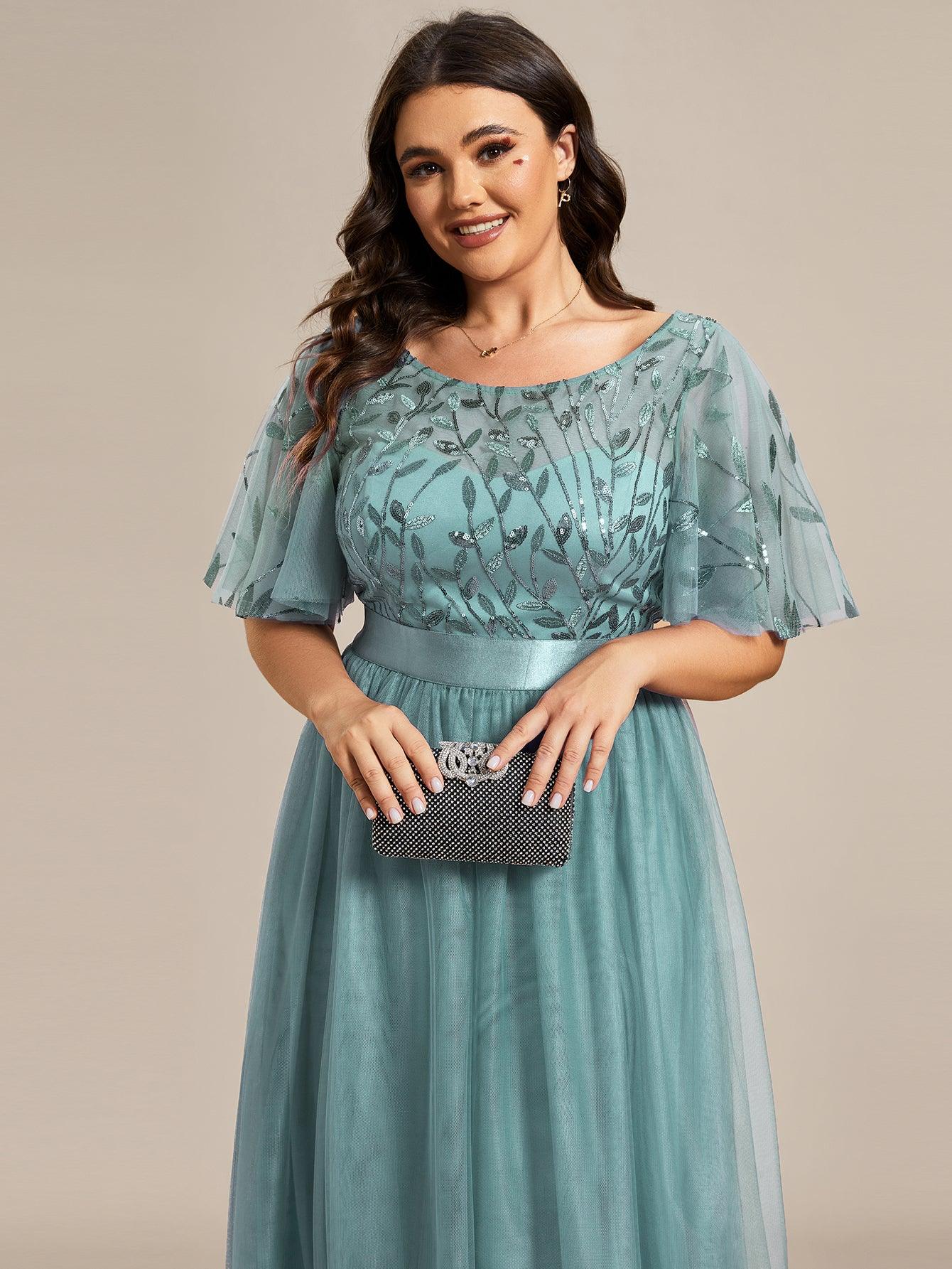 Robe de soirée brodée à manches courtes pour femmes de Grande taille #Couleur_Bleu Fume