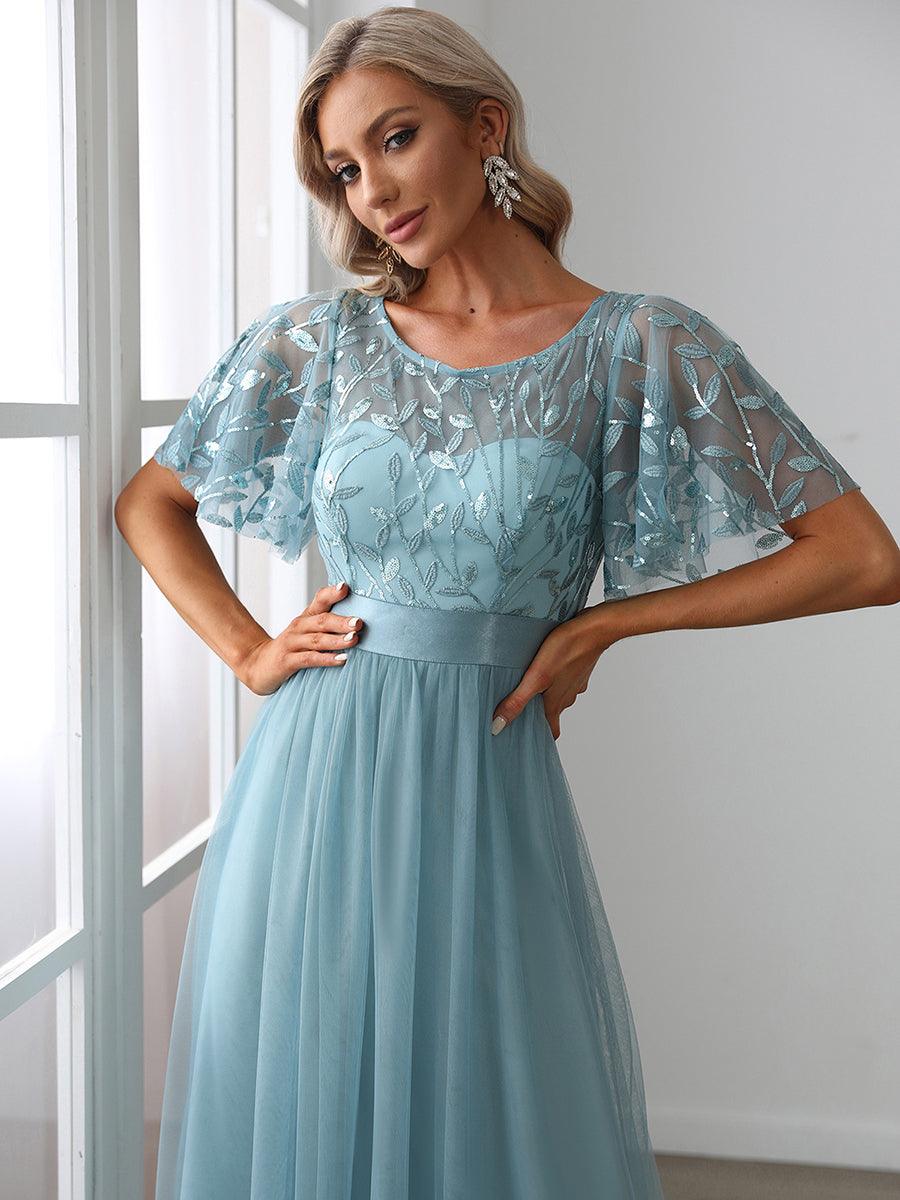 Robe de demoiselle d'honneur Brodées à manches courtes en ligne A pour femmes #Couleur_Bleu Fume