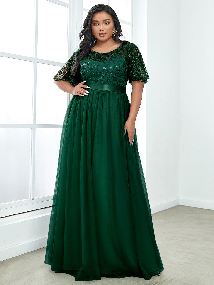 Robe de demoiselle d'honneur Brod¡§|es ¡§¡è manches courtes en ligne A pour femmes #Couleur_Vert Fonce