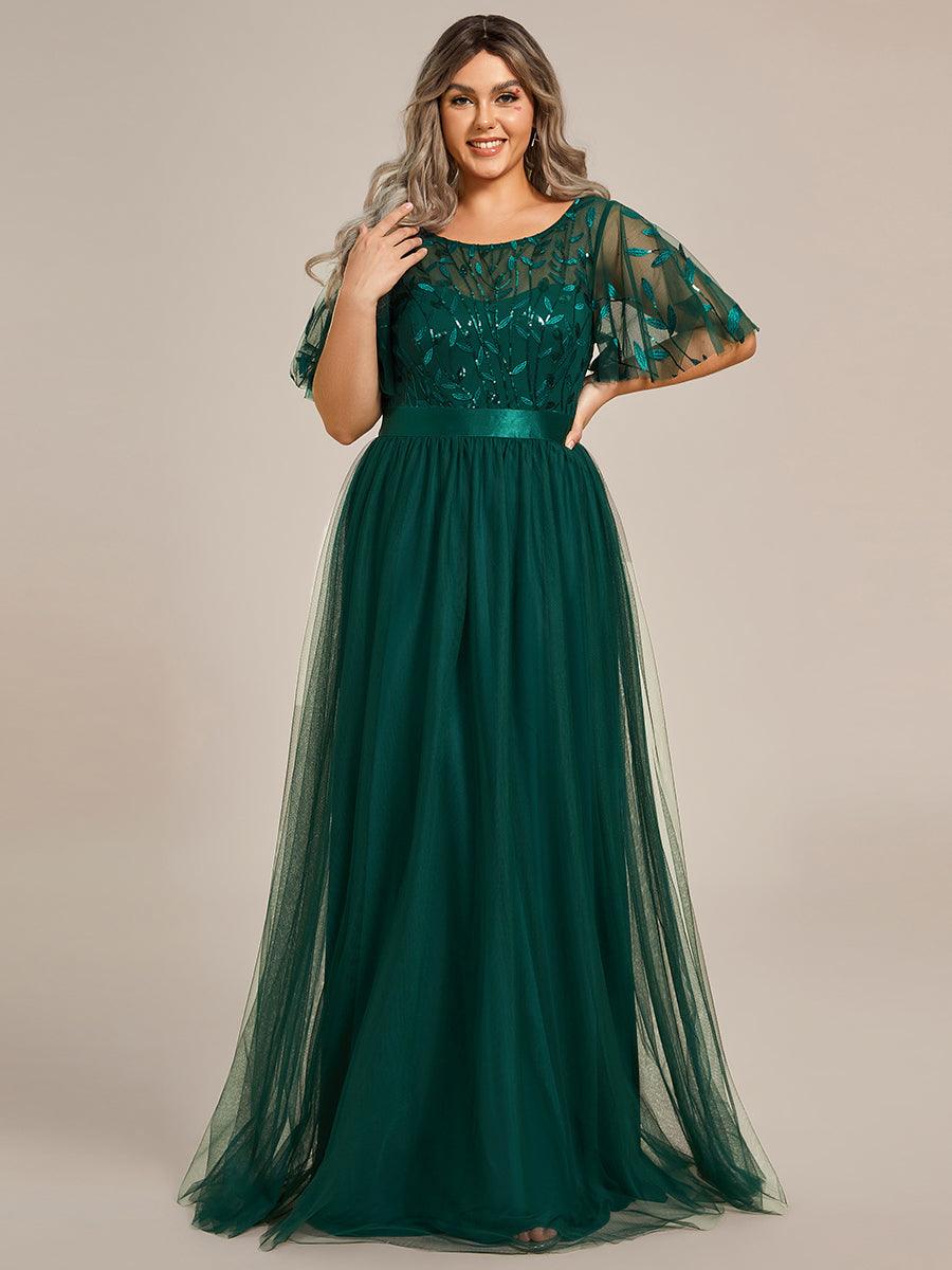 Robe de soirée brodée à manches courtes pour femmes de Grande taille #Couleur_Vert Fonce