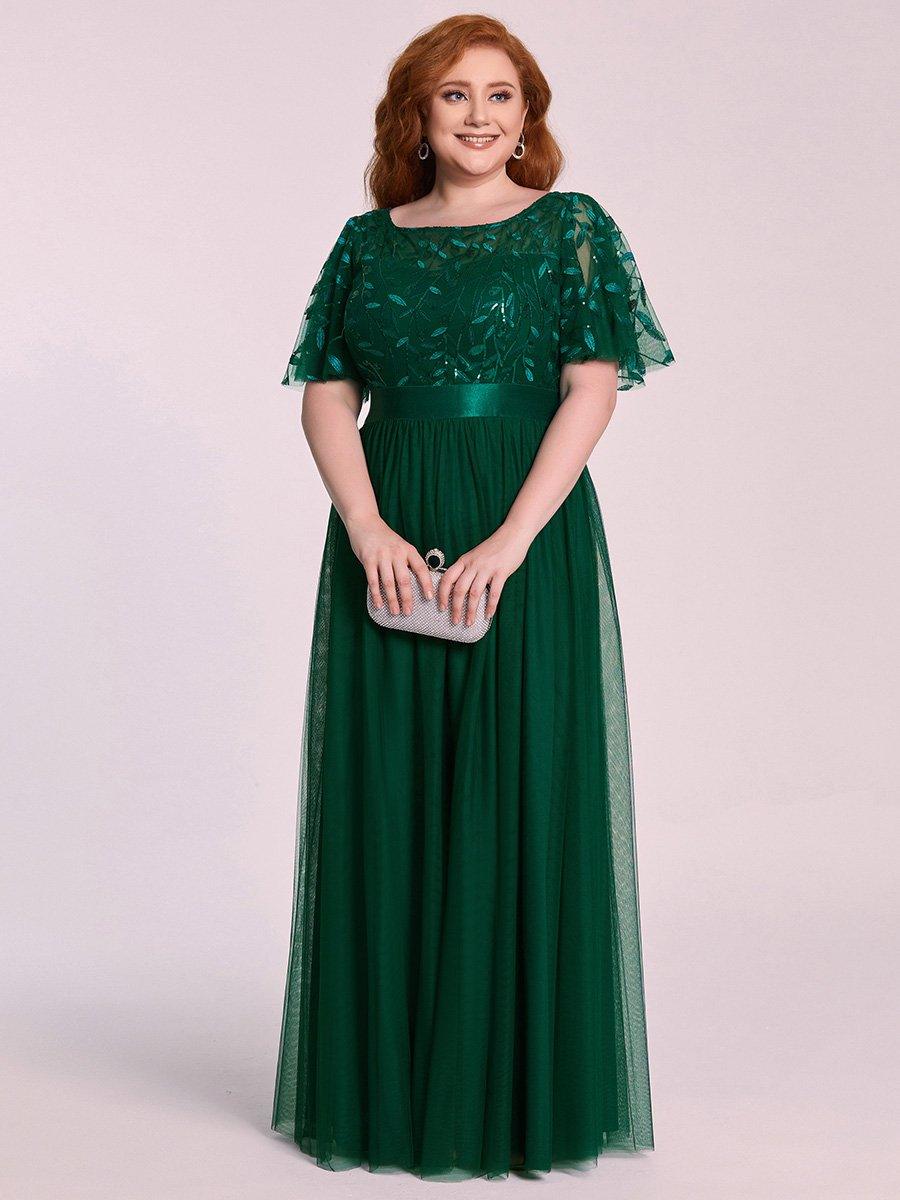 Robe de soirée brodée à manches courtes pour femmes de Grande taille #Couleur_Vert Fonce