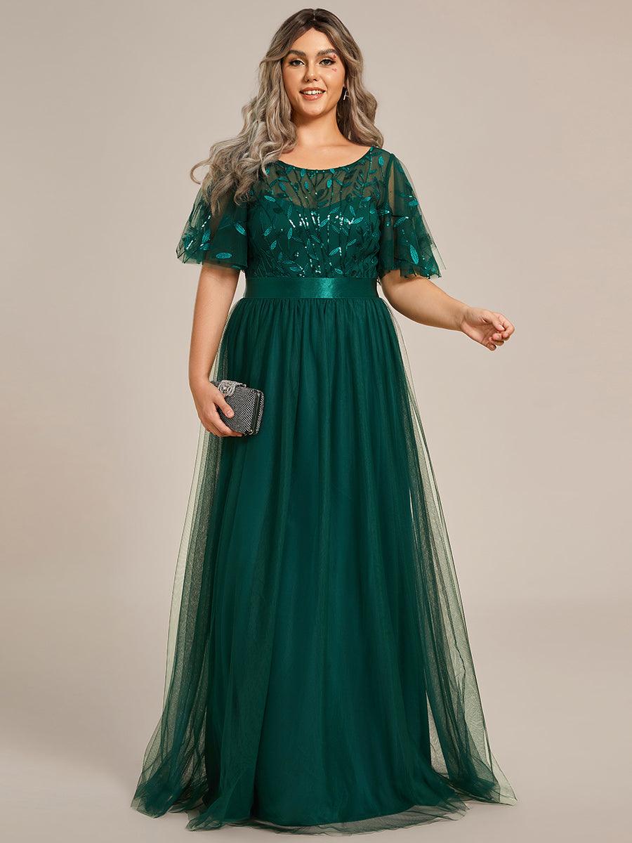 Robe de soirée brodée à manches courtes pour femmes de Grande taille #Couleur_Vert Fonce