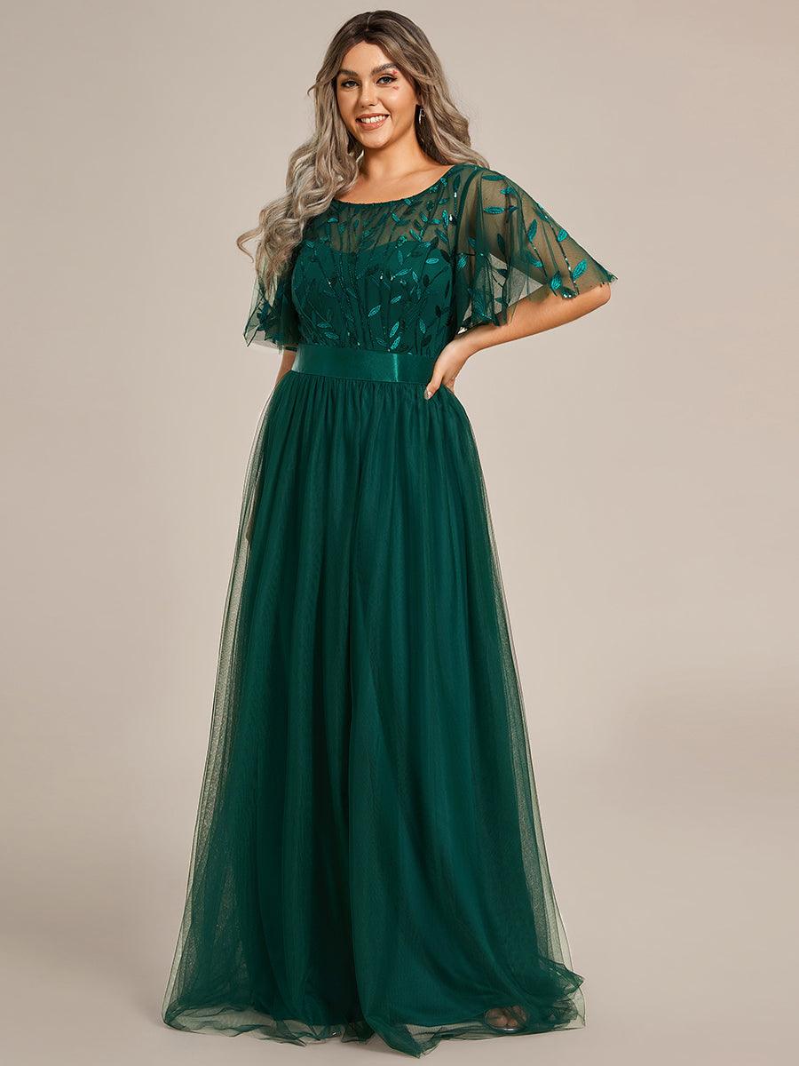 Robe de soirée brodée à manches courtes pour femmes de Grande taille #Couleur_Vert Fonce
