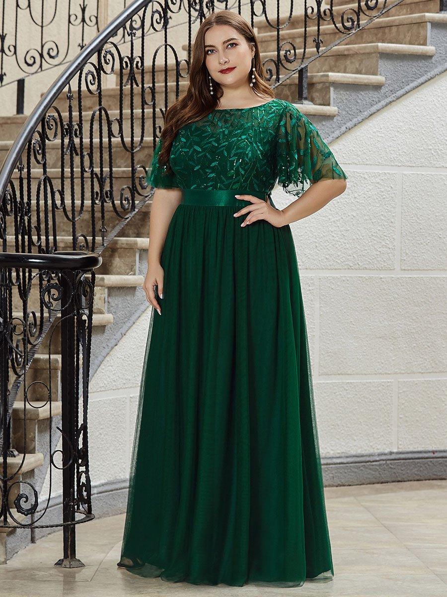 Robe de soirée brodée à manches courtes pour femmes de Grande taille #Couleur_Vert Fonce