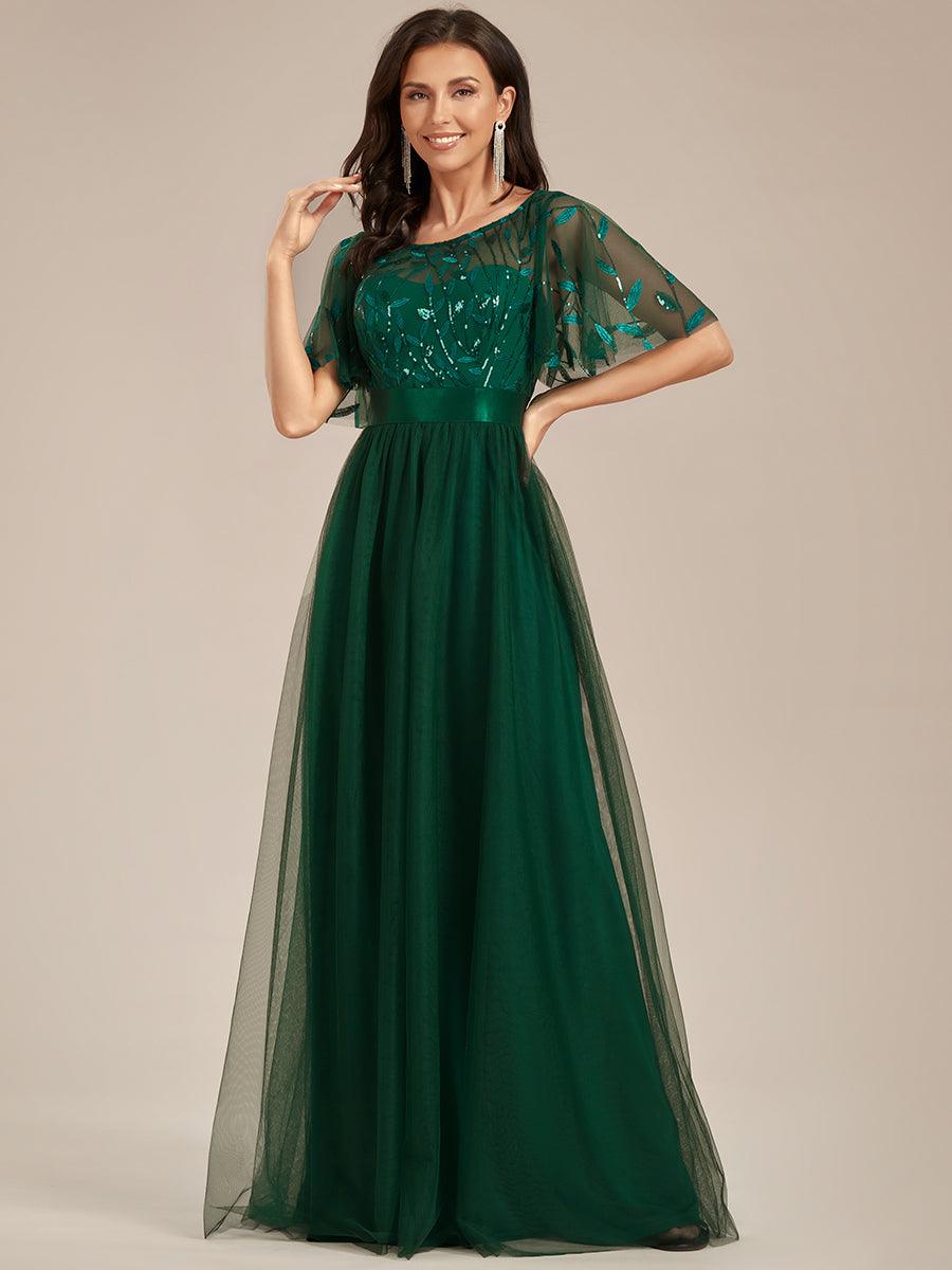 Robes de soirée brodées à manches courtes A-Line pour femmes #Couleur_Vert Fonce