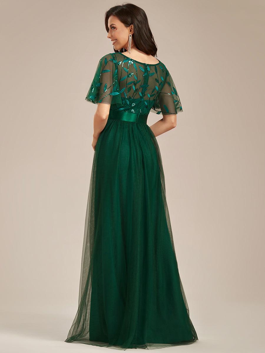 Robes de soirée brodées à manches courtes A-Line pour femmes #Couleur_Vert Fonce