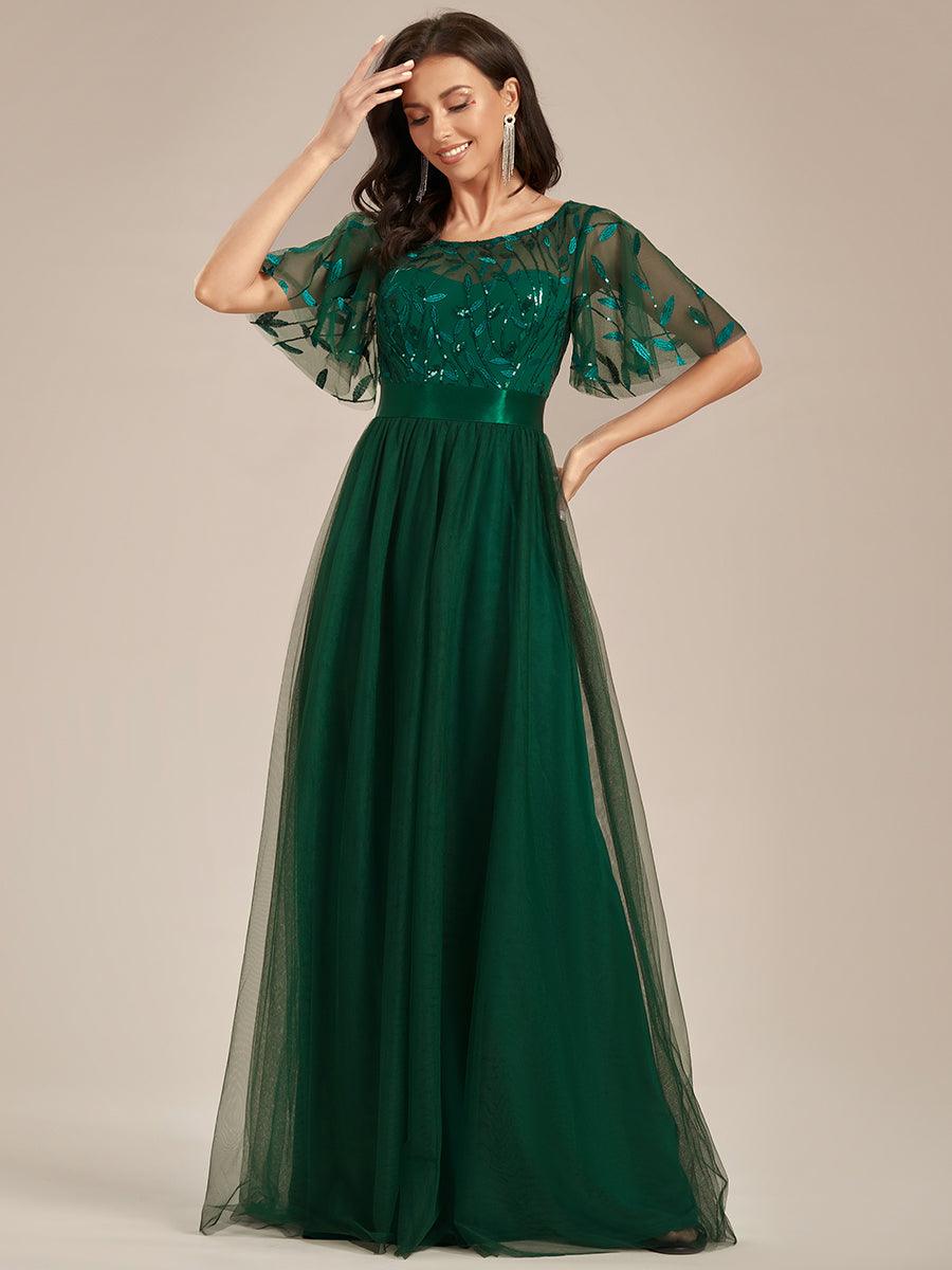 Robes de soirée brodées à manches courtes A-Line pour femmes #Couleur_Vert Fonce