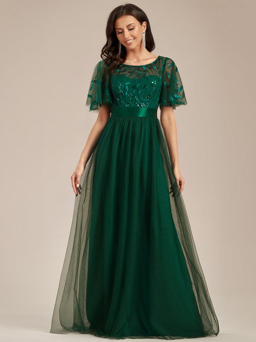 Robes de soirée brodées à manches courtes A-Line pour femmes #Couleur_Vert Fonce