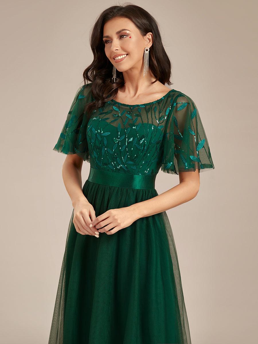 Robes de soirée brodées à manches courtes A-Line pour femmes #Couleur_Vert Fonce