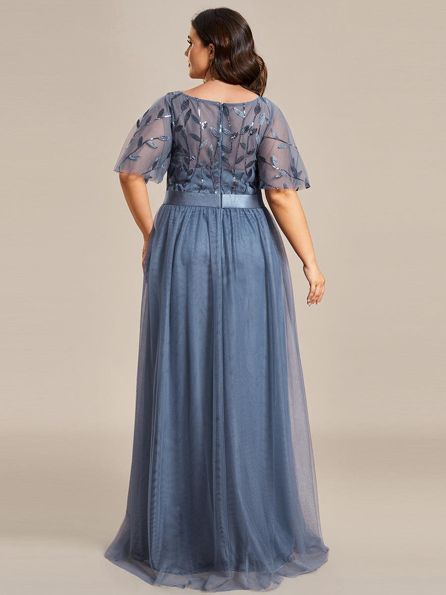Robe de soirée brodée à manches courtes pour femmes de Grande taille #Couleur_Marine Fume