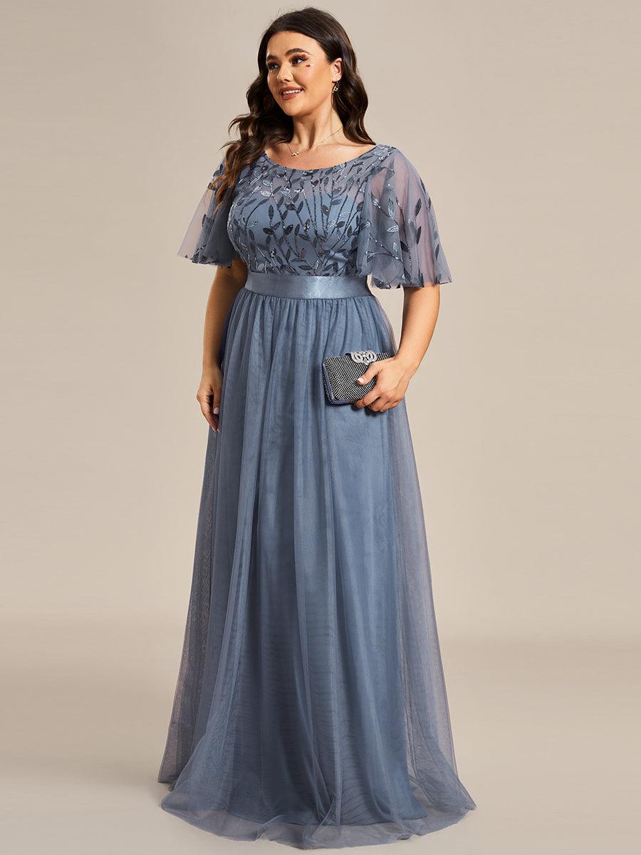 Robe de soirée brodée à manches courtes pour femmes de Grande taille #Couleur_Marine Fume