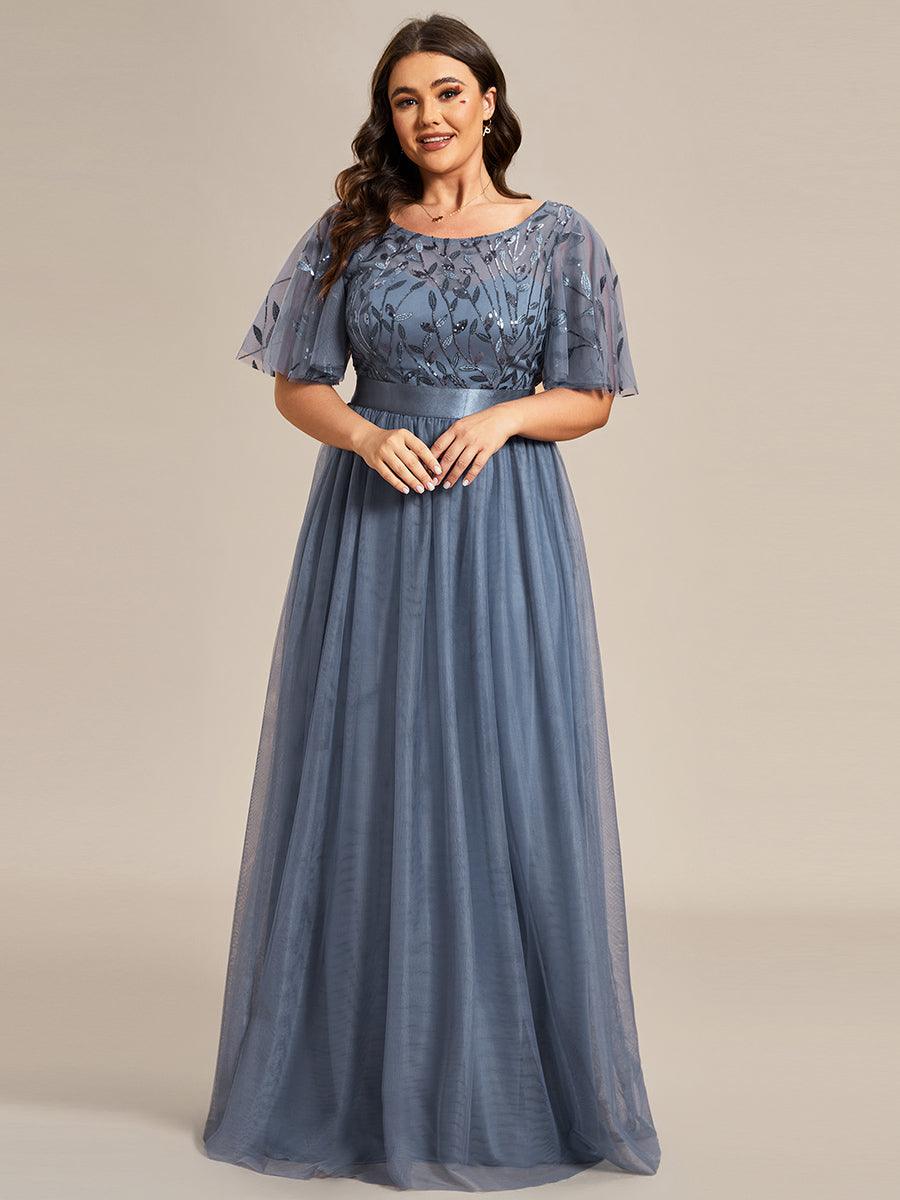 Robe de soirée brodée à manches courtes pour femmes de Grande taille #Couleur_Marine Fume