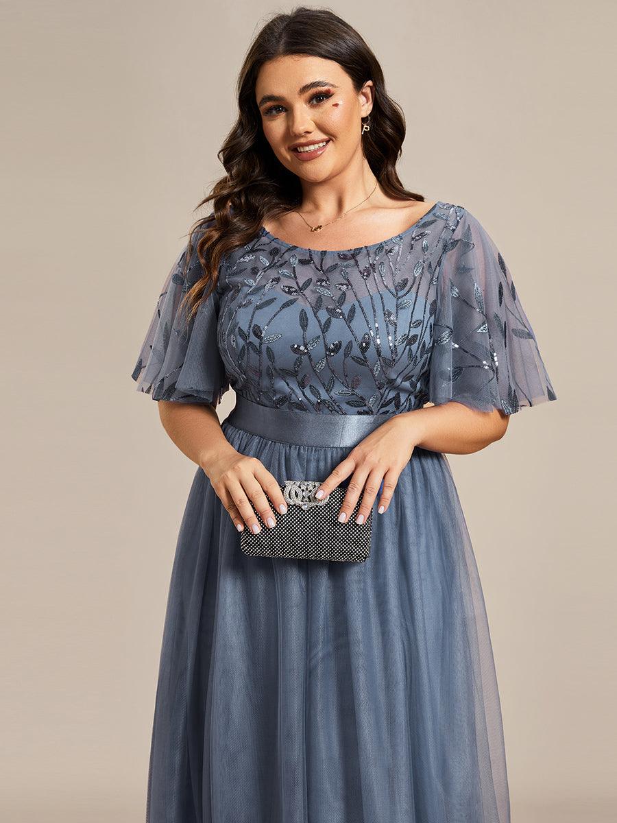 Robe de soirée brodée à manches courtes pour femmes de Grande taille #Couleur_Marine Fume