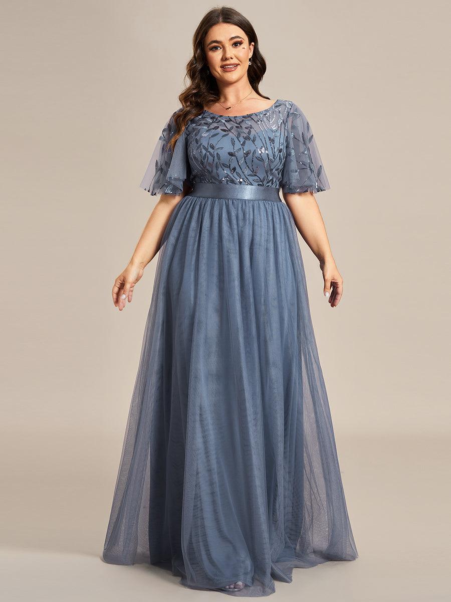 Robe de soirée brodée à manches courtes pour femmes de Grande taille #Couleur_Marine Fume