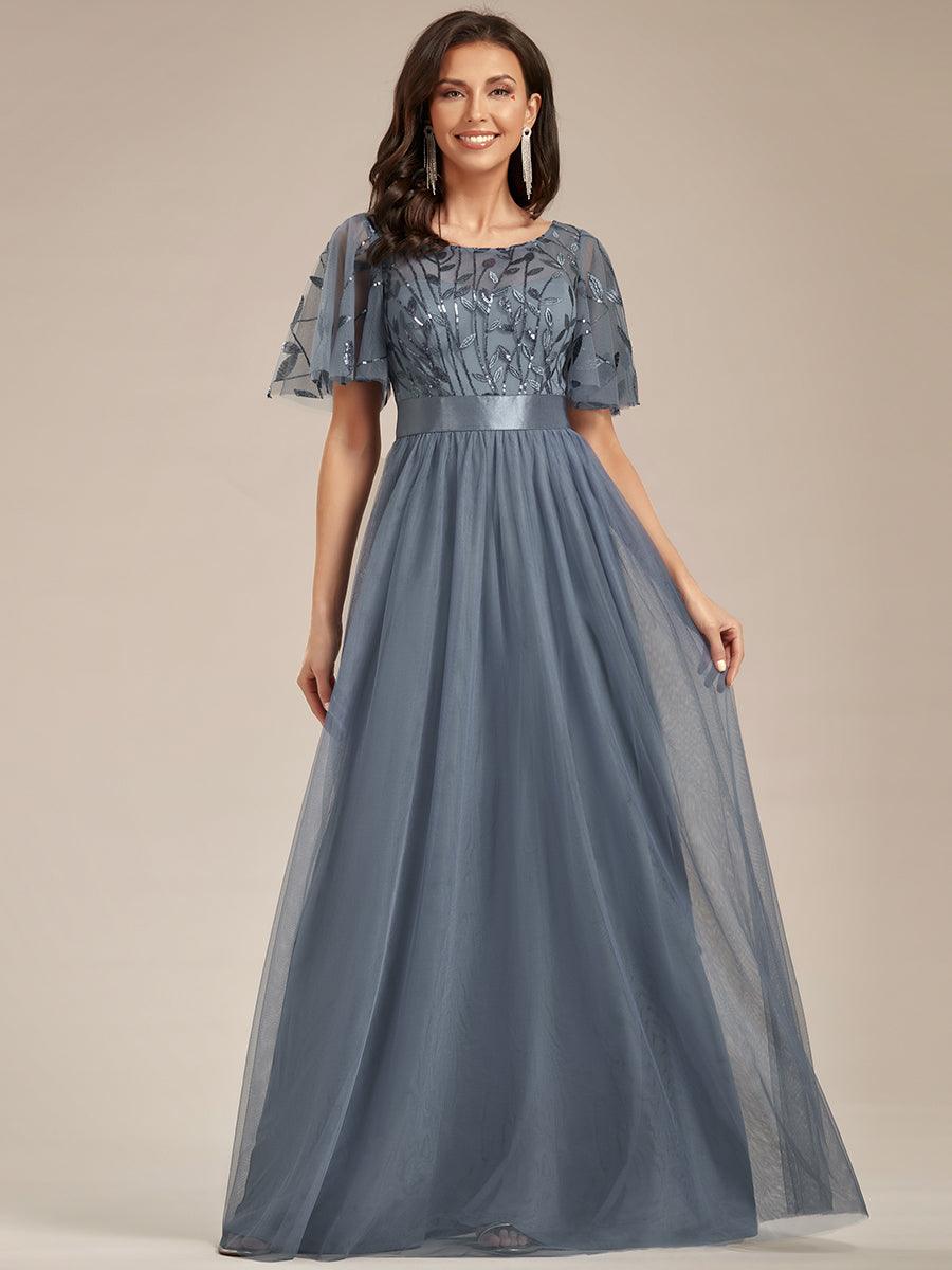 Robe de demoiselle d'honneur Brod¡§|es ¡§¡è manches courtes en ligne A pour femmes #Couleur_Marine Fume