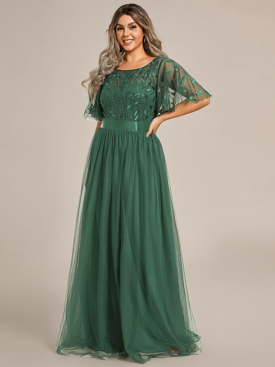 Robe de demoiselle d'honneur Brodées à manches courtes en ligne A pour femmes #Couleur_Eucalyptus