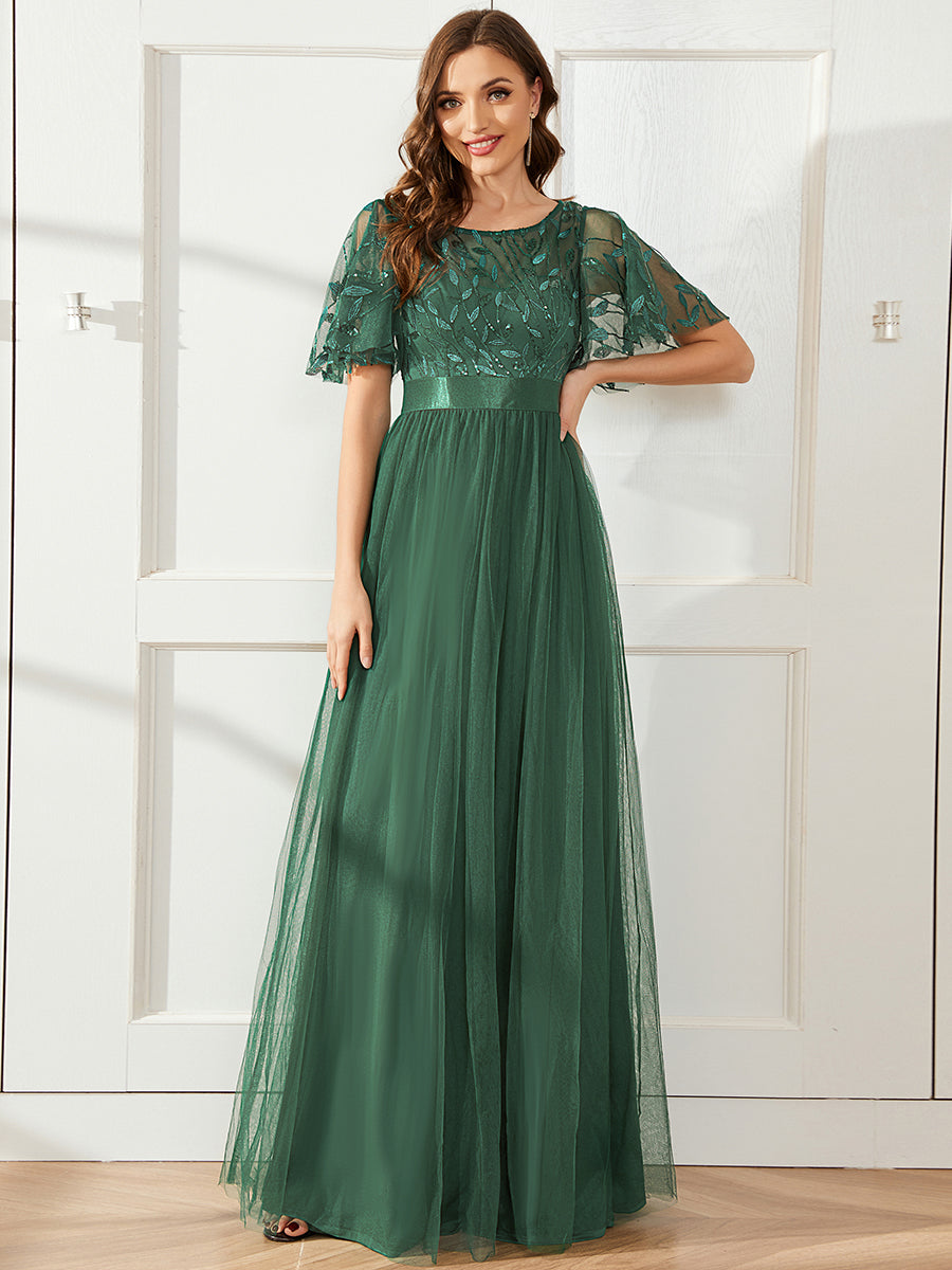Robe de demoiselle d'honneur Brodées à manches courtes en ligne A pour femmes #color_Eucalyptus