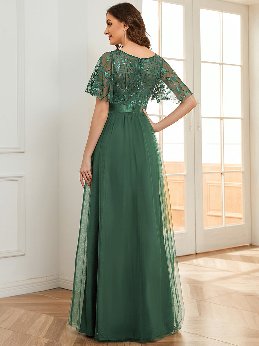 Robe de demoiselle d'honneur Brodées à manches courtes en ligne A pour femmes #color_Eucalyptus