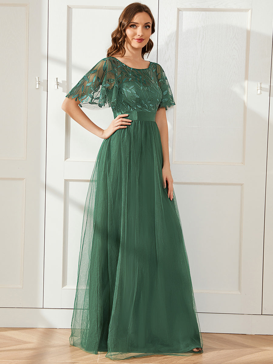 Robe de demoiselle d'honneur Brodées à manches courtes en ligne A pour femmes #color_Eucalyptus
