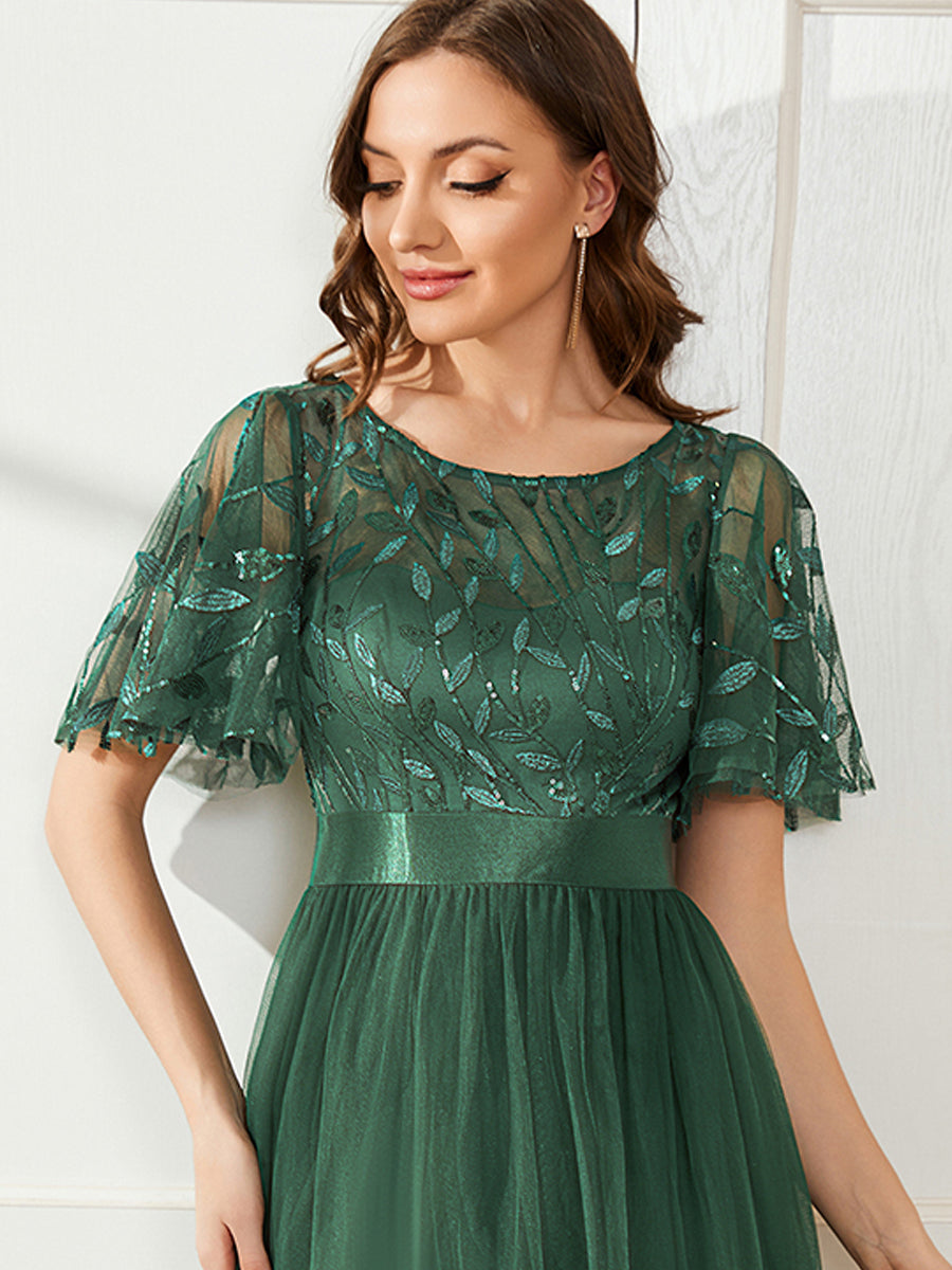 Robe de demoiselle d'honneur Brodées à manches courtes en ligne A pour femmes #color_Eucalyptus