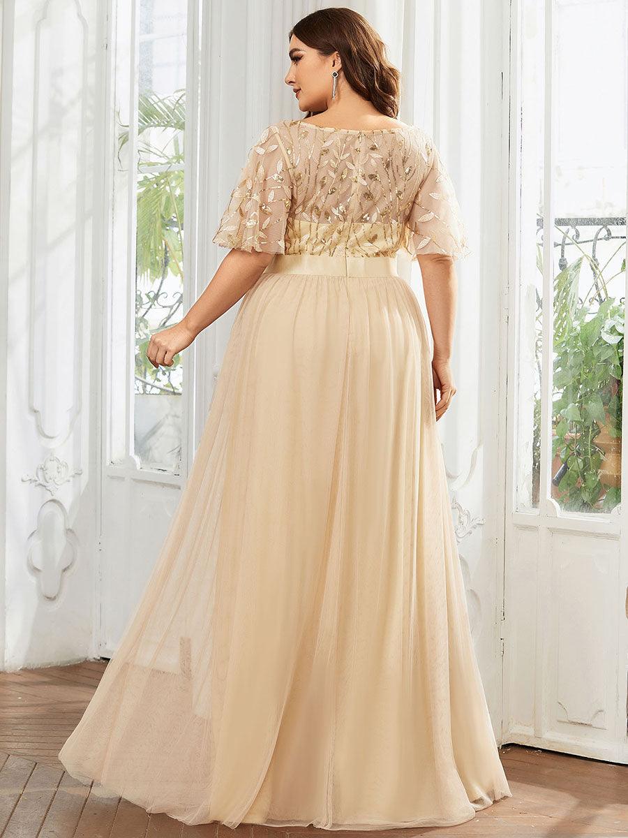 Robe de soirée brodée à manches courtes pour femmes de Grande taille #Couleur_Dorée