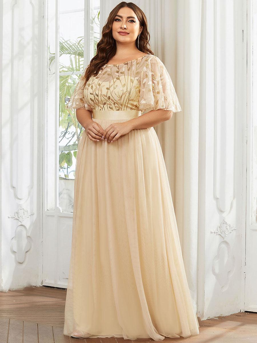 Robe de soirée brodée à manches courtes pour femmes de Grande taille #Couleur_Dorée