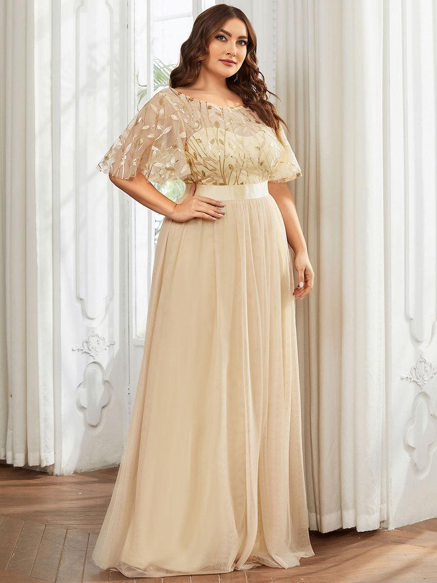 Robe de soirée brodée à manches courtes pour femmes de Grande taille #Couleur_Dorée