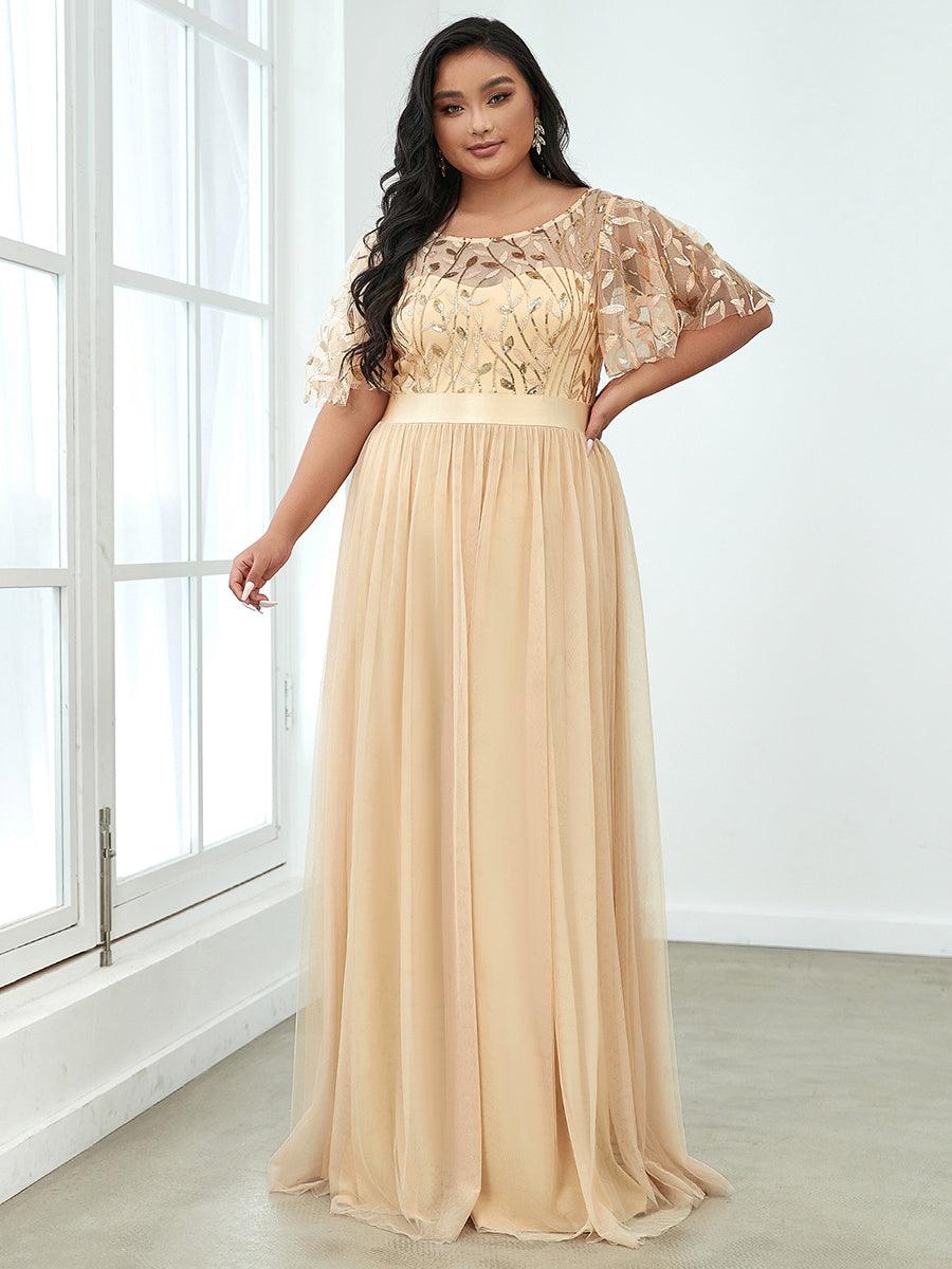 Robe de demoiselle d'honneur Brod¡§|es ¡§¡è manches courtes en ligne A pour femmes #Couleur_Dorée