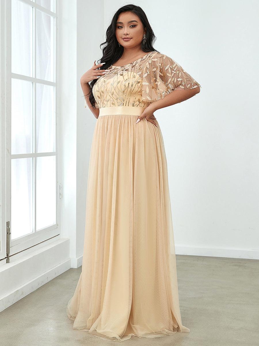 Robe de soirée brodée à manches courtes pour femmes de Grande taille #Couleur_Or