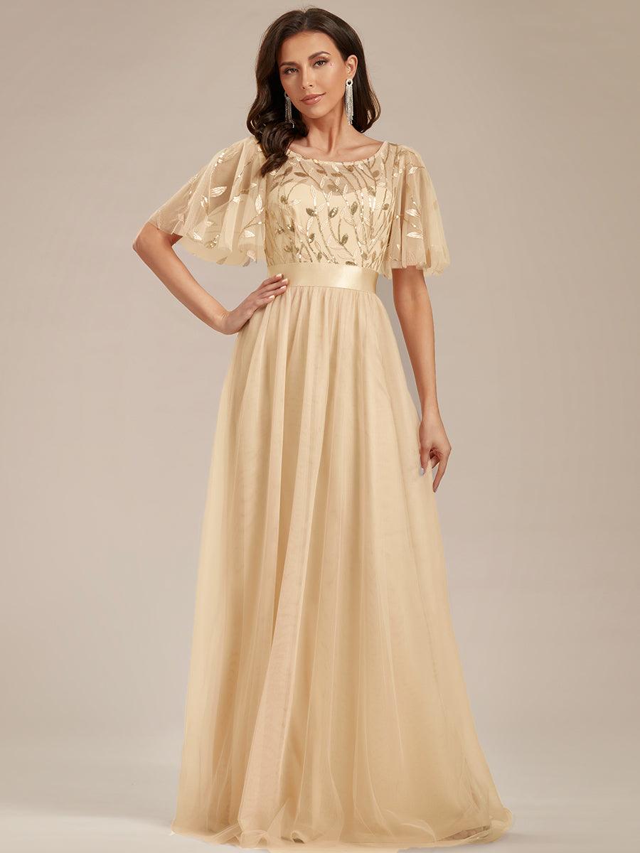 Robe de demoiselle d'honneur Brodées à manches courtes en ligne A pour femmes #Couleur_Dorée