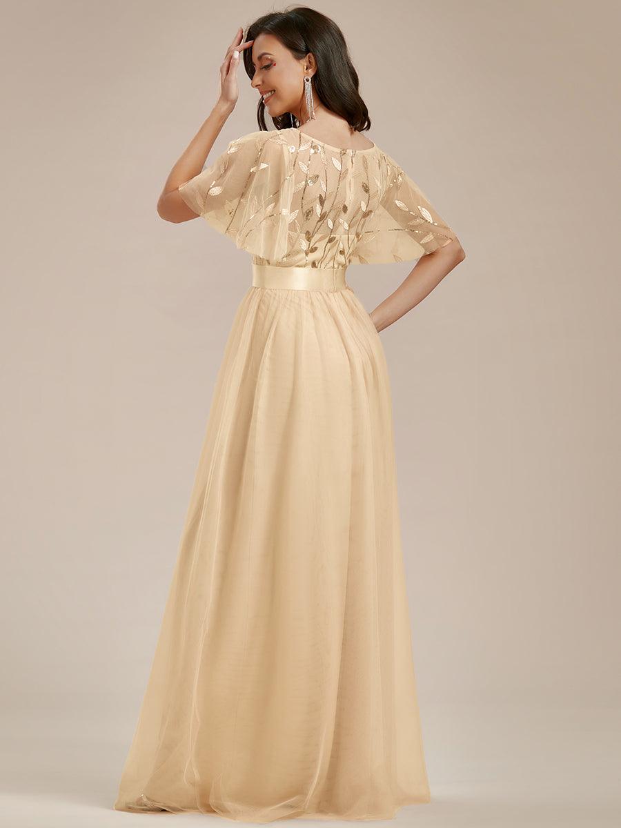 Robe de demoiselle d'honneur Brodées à manches courtes en ligne A pour femmes #Couleur_Dorée