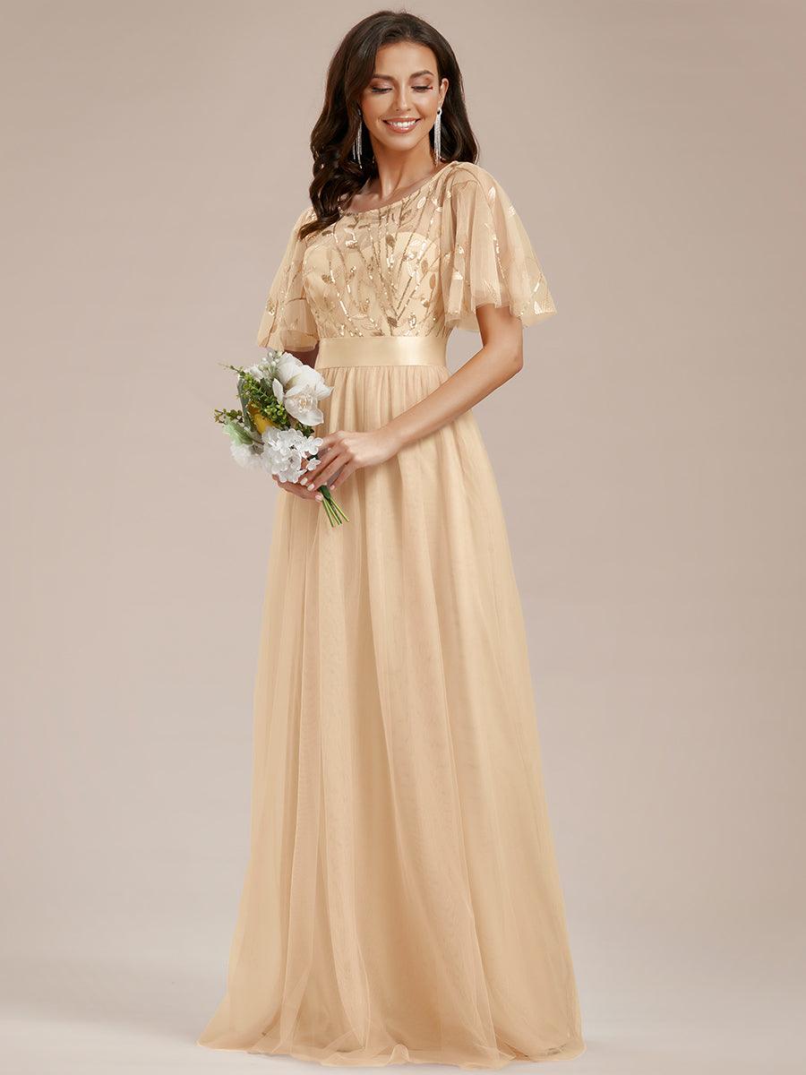 Robe de demoiselle d'honneur Brodées à manches courtes en ligne A pour femmes #Couleur_Dorée