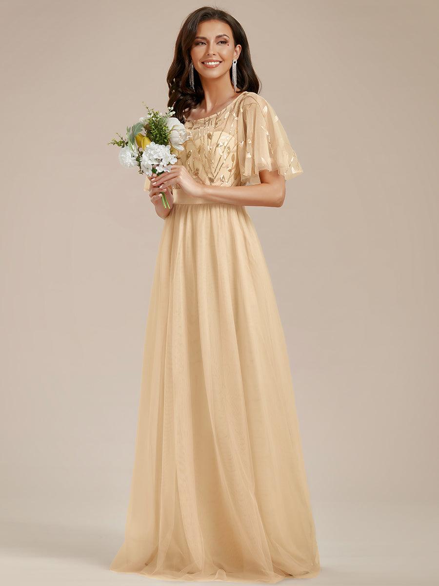 Robe de demoiselle d'honneur Brodées à manches courtes en ligne A pour femmes #Couleur_Dorée