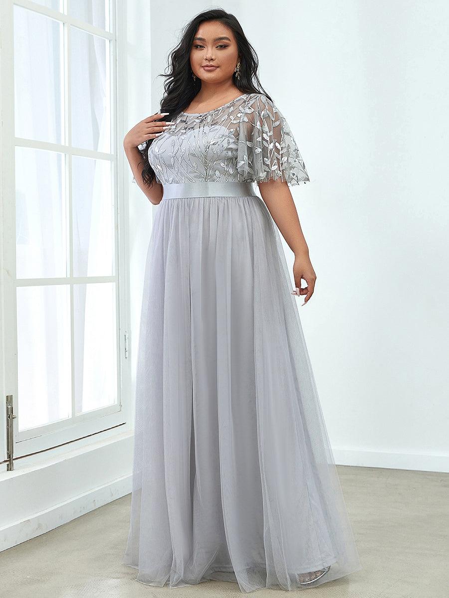 Robe de soirée brodée à manches courtes pour femmes de Grande taille #Couleur_Gris