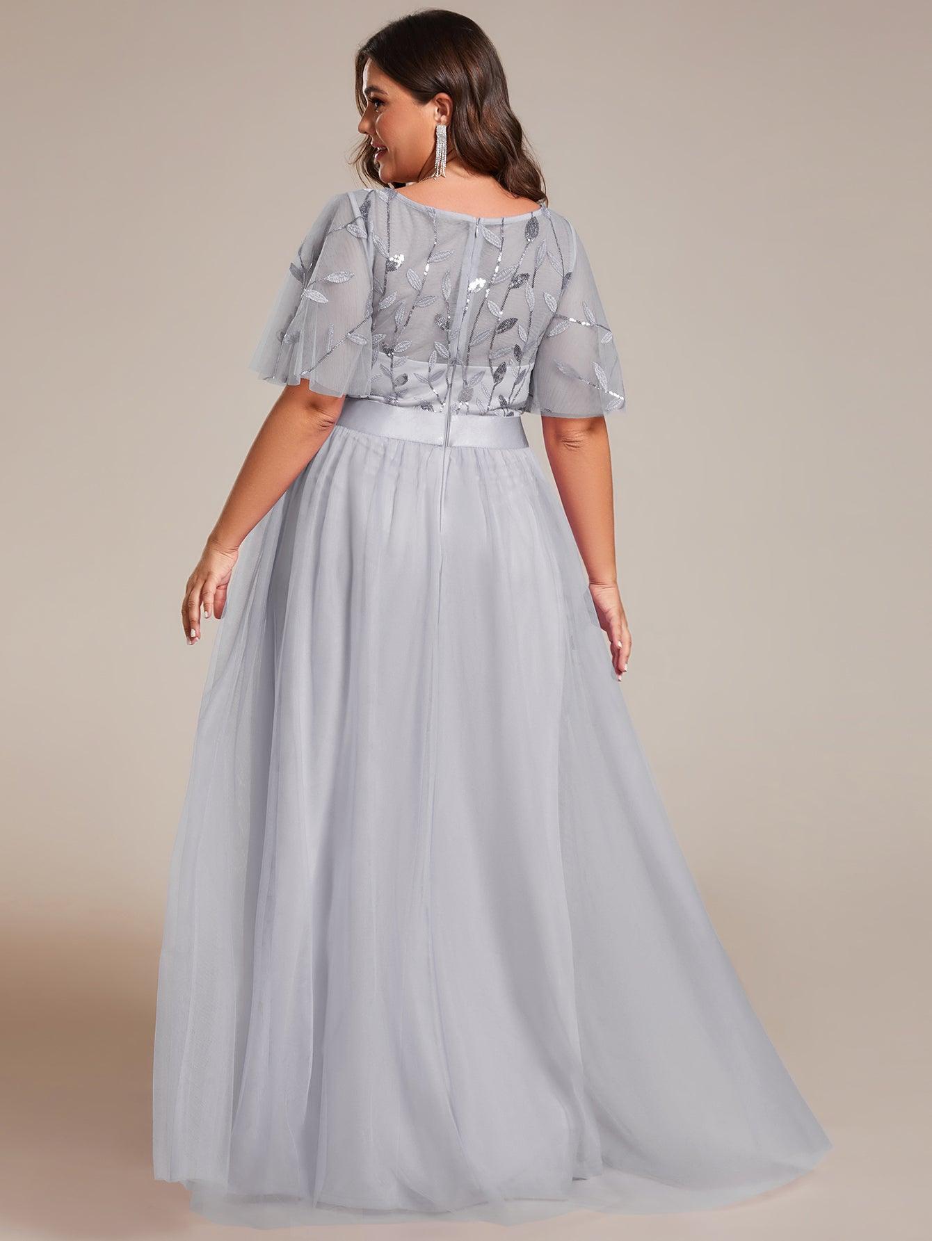 Robe de soirée brodée à manches courtes pour femmes de Grande taille #Couleur_Gris