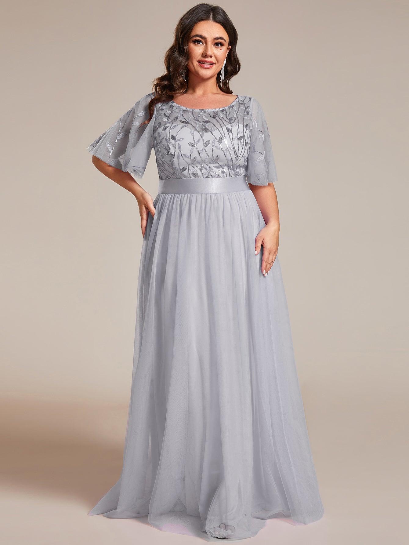 Robe de soirée brodée à manches courtes pour femmes de Grande taille #Couleur_Gris