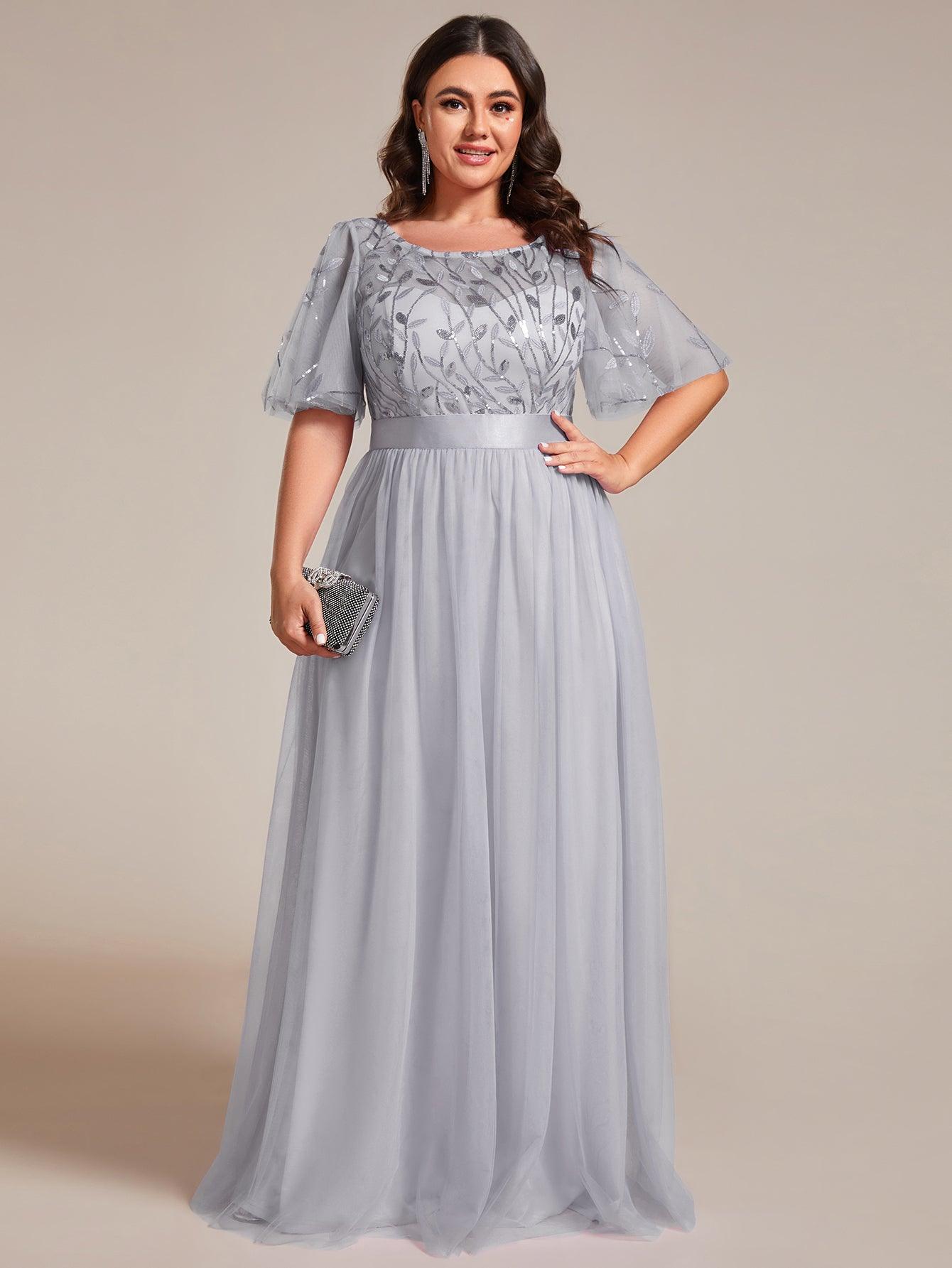 Robe de soirée brodée à manches courtes pour femmes de Grande taille #Couleur_Gris