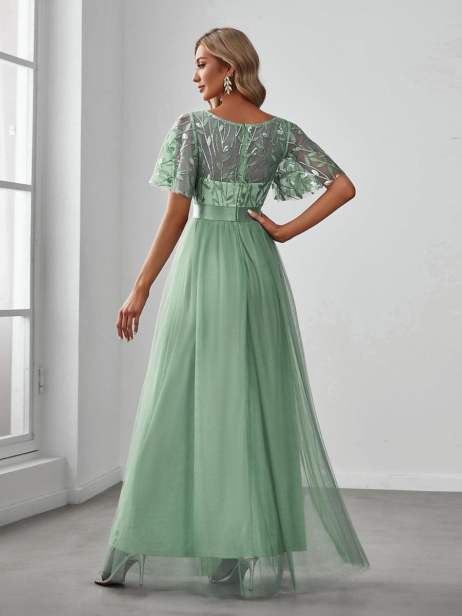 Robe de demoiselle d'honneur Brod¡§|es ¡§¡è manches courtes en ligne A pour femmes #Couleur_Menthe Verte