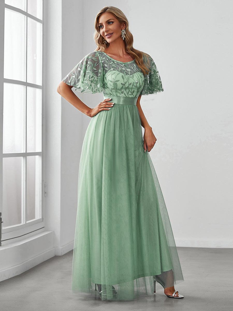 Robe de demoiselle d'honneur Brod¡§|es ¡§¡è manches courtes en ligne A pour femmes #Couleur_Menthe Verte
