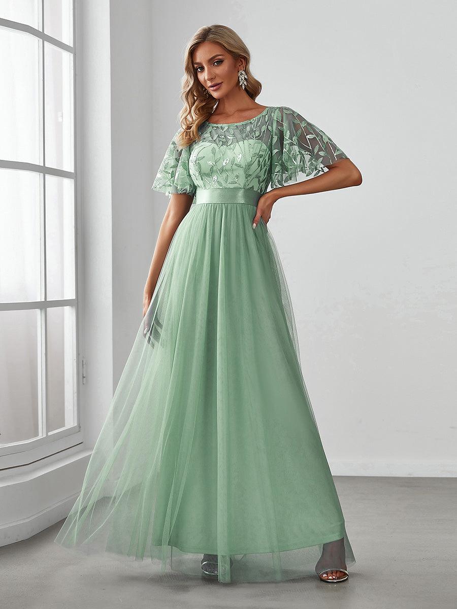 Robe de demoiselle d'honneur Brod¡§|es ¡§¡è manches courtes en ligne A pour femmes #Couleur_Menthe Verte