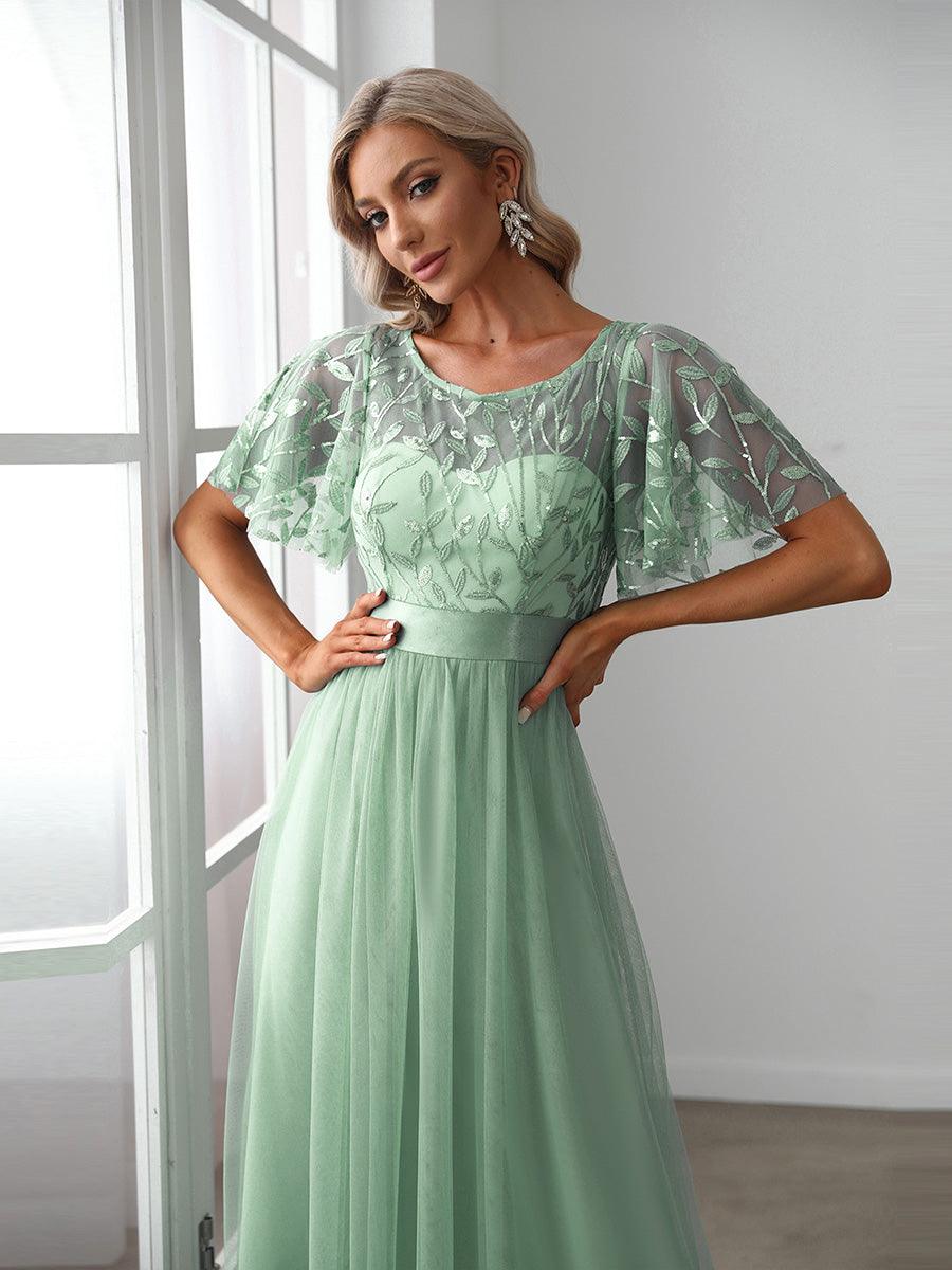 Robe de demoiselle d'honneur Brod¡§|es ¡§¡è manches courtes en ligne A pour femmes #Couleur_Menthe Verte