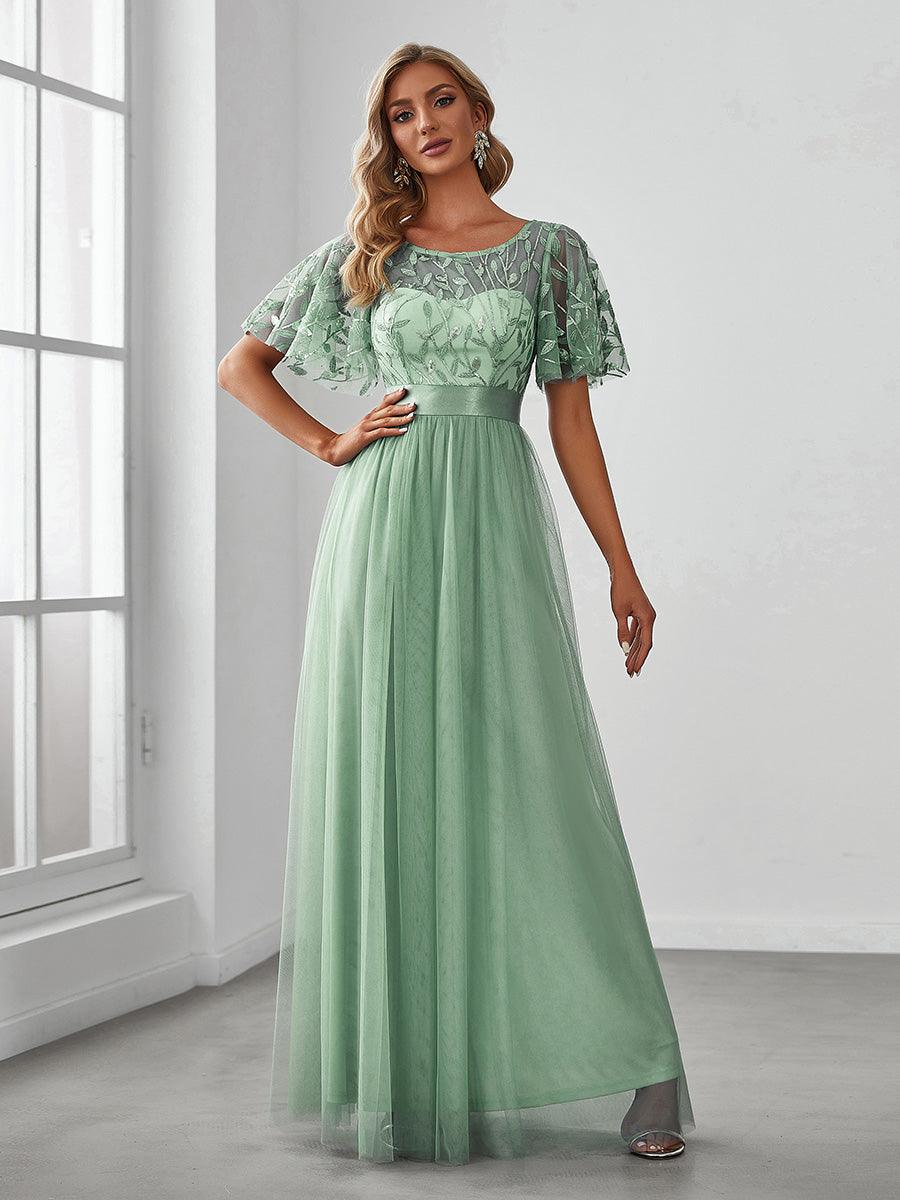 Robe de demoiselle d'honneur Brod¡§|es ¡§¡è manches courtes en ligne A pour femmes #Couleur_Menthe Verte