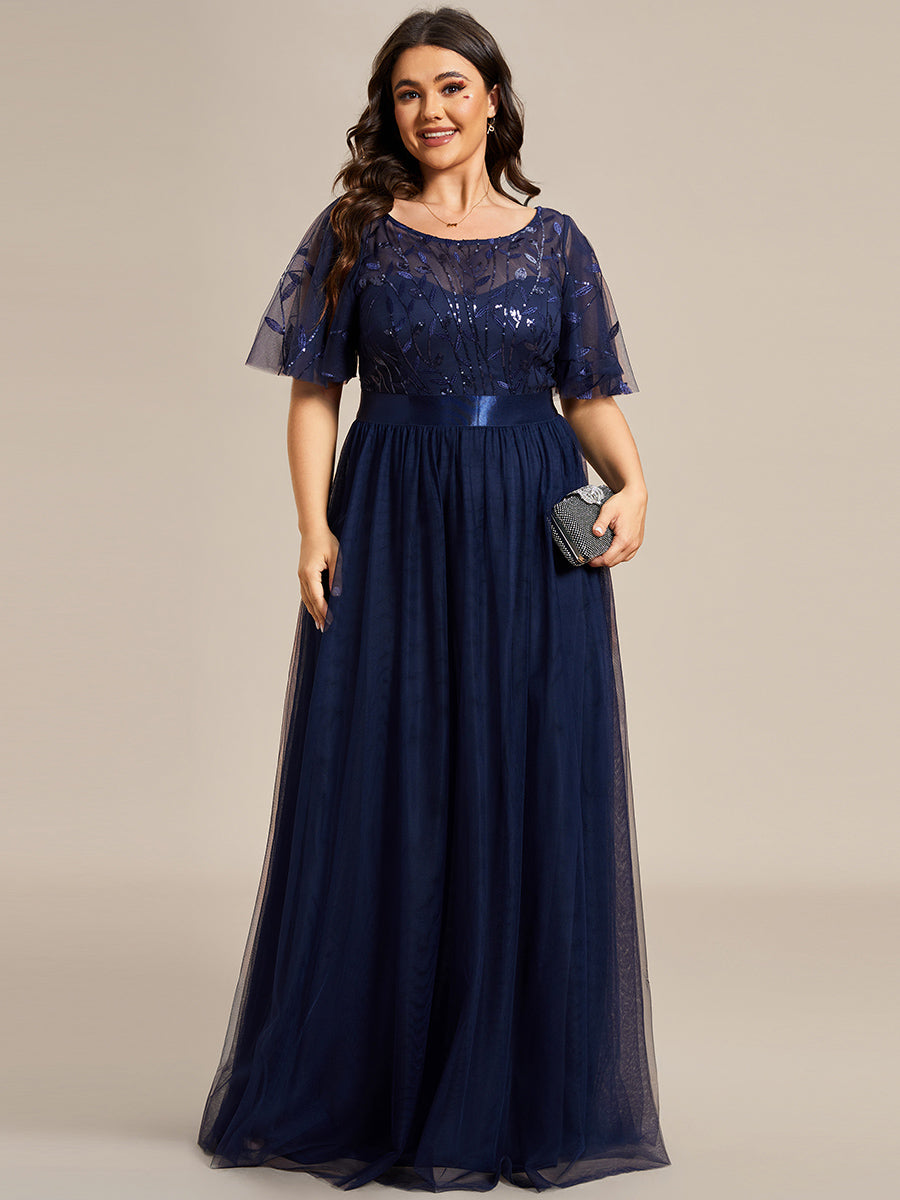 Robe de demoiselle d'honneur Brod¡§|es ¡§¡è manches courtes en ligne A pour femmes #Couleur_Bleu Marine