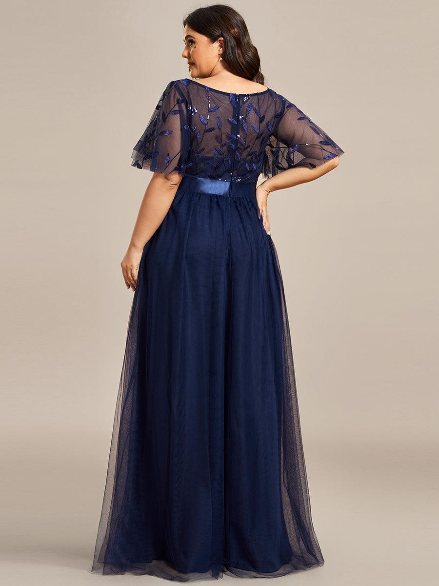 Robe de soirée brodée à manches courtes pour femmes de Grande taille #Couleur_Bleu Marine