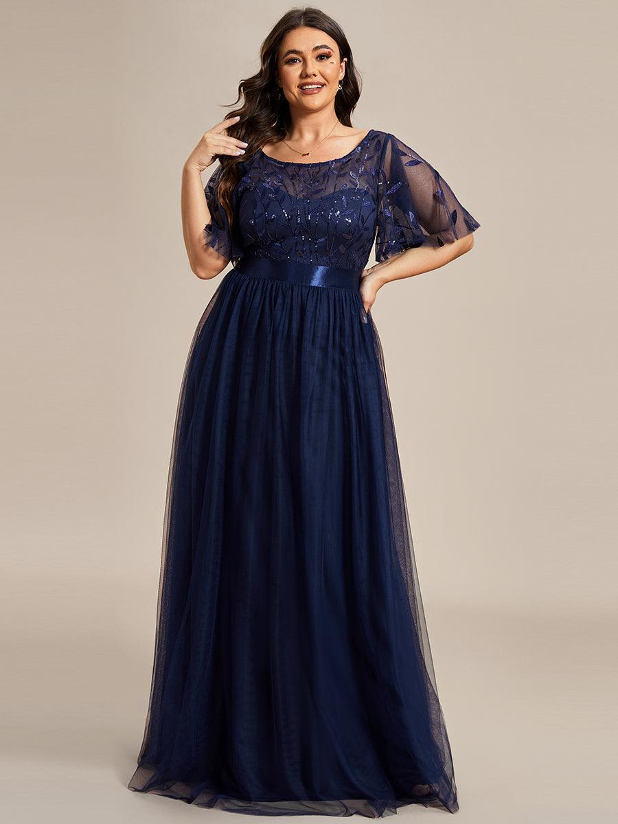 Robe de soirée brodée à manches courtes pour femmes de Grande taille #Couleur_Bleu Marine