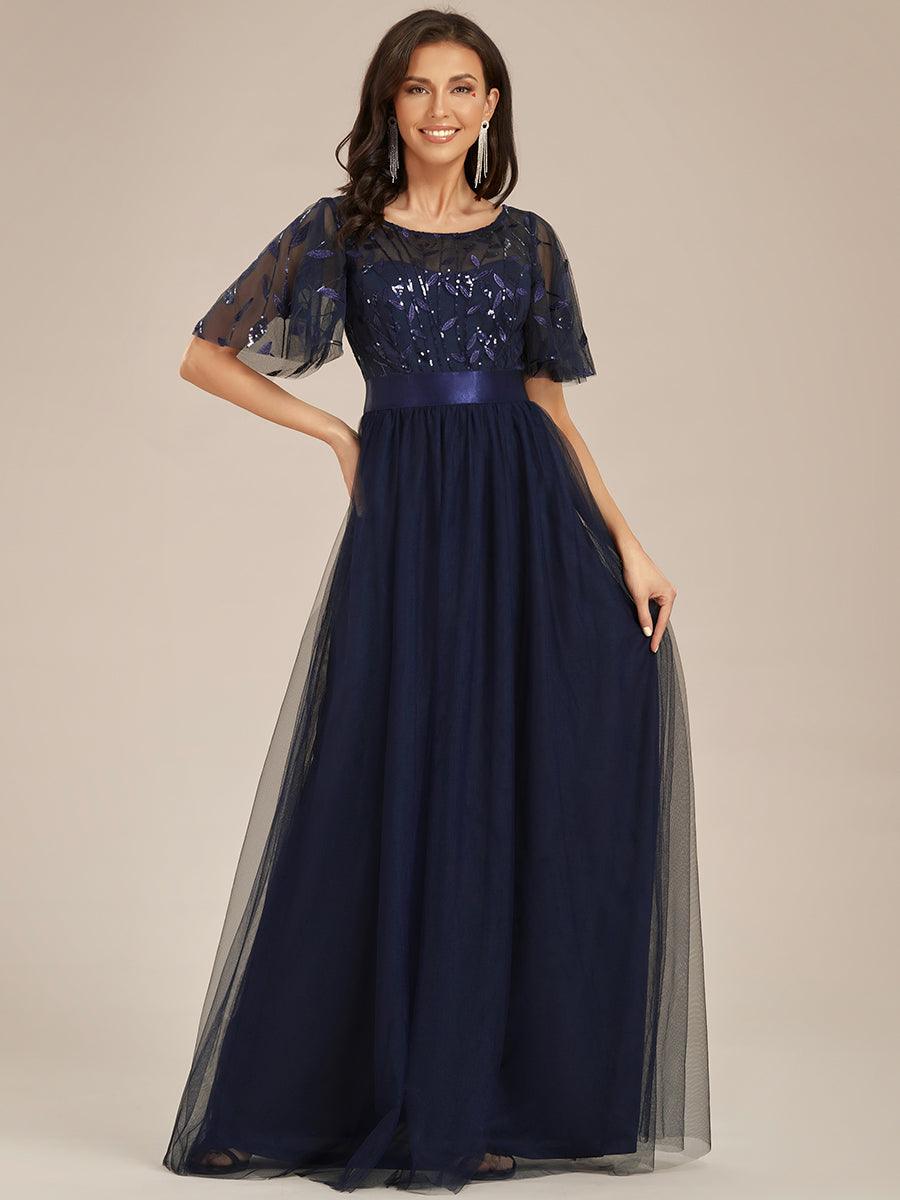 Robe de demoiselle d'honneur Brod¡§|es ¡§¡è manches courtes en ligne A pour femmes #Couleur_Bleu Marine